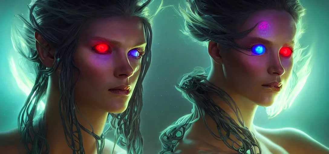 Prompt: epic fantasy render portrait of a beautiful bioluminescent woman with glowing eyes, dark retrowave, highly detailed, digital painting, cinematic, hyperrealism, rpg portrait, dynamic lighting, art by boris vallejo and stefan kostic and magali villeneuve and alphonse mucha, artstation, octane render, cgsociety