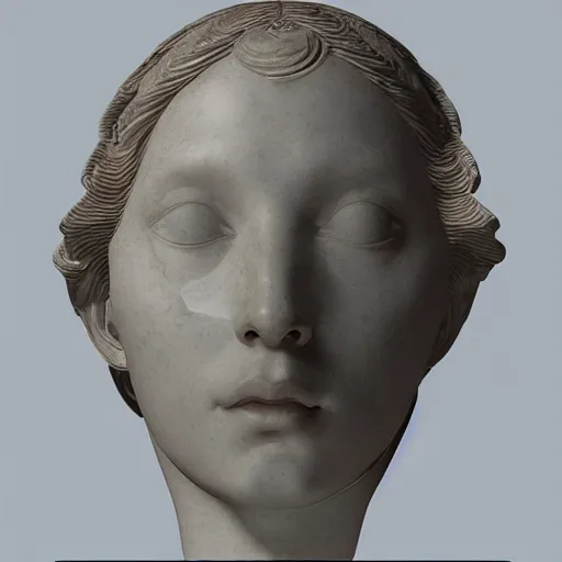 Image similar to “a delicate renaissance marble sculpture of a !female !!face , covered with water veil, highly detailed transparent marble cloth, gi, global illumination, physically based rendering, photorealistic, top light , dark background”