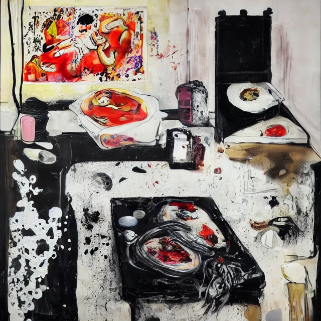 Prompt: a female artist's apartment, portrait of a woman sleeping, cracked japanese pottery vase, sensual, smouldering burnt envelopes, candles, white flowers on the floor, puddle of water, octopus, squashed berries, pizza box, pancakes, black underwear, neo - expressionism, surrealism, acrylic and spray paint and oilstick on canvas