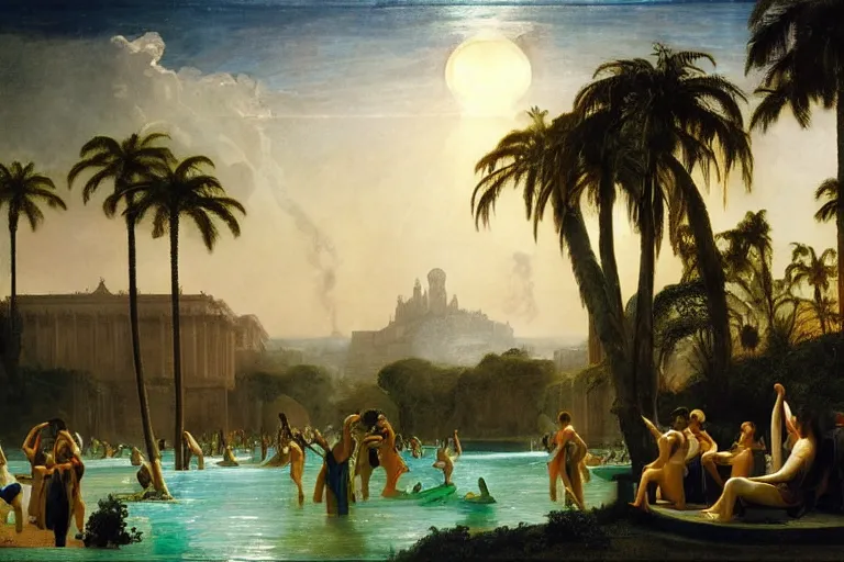 Prompt: Palace floating in heaven, 1km tall, thunderstorm, greek pool, beach and tropical vegetation, major arcana sky, people dancing by paul delaroche, hyperrealistic 4k uhd, award-winning very detailed, heaven paradise