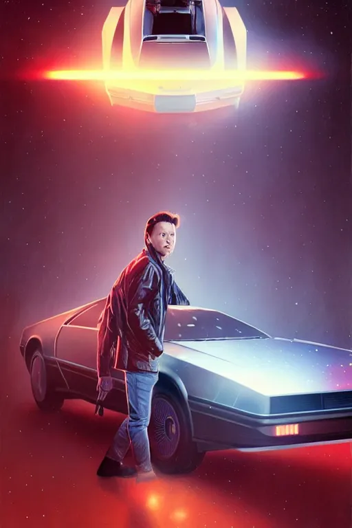 Image similar to elon musk as marty mcfly near delorean, realistic portrait, symmetrical, highly detailed, digital painting, artstation, concept art, smooth, sharp focus, illustration, cinematic lighting, art by artgerm and greg rutkowski and alphonse mucha