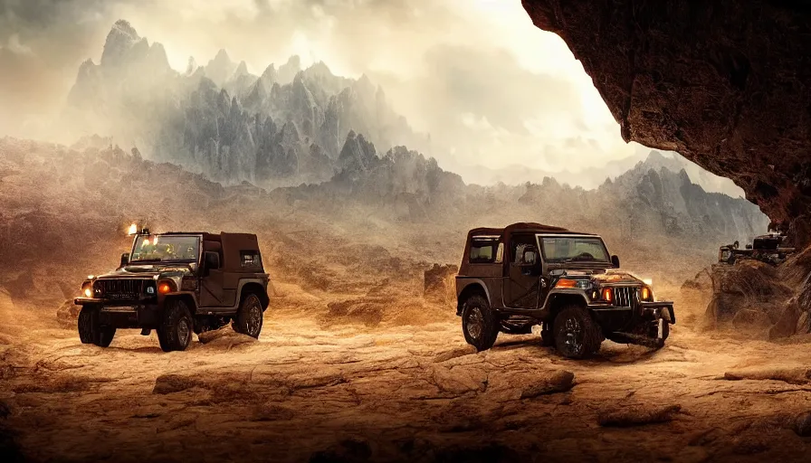 Image similar to Mahindra thar, tribe members watching nearby, an epic fantasy, dramatic lighting, cinematic, establishing shot, extremely high detail, photorealistic, cinematic lighting, artstation, by christopher nolan, horizon forbidden west