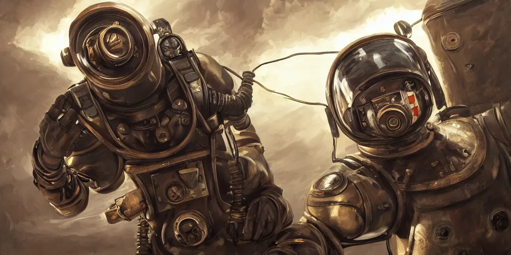 Image similar to highly detailed portrait painting of welder stallone in atmospheric diving suit, perfect symmetrical eyes, by eddie mendoza and tyler edlin, windows, 8 k resolution