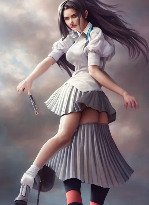 Image similar to a beautiful woman with school uniform, seifuku, pleated miniskirt, overknee socks, adriana lima, painted by artgerm and tom bagshaw, fantasy art, dramatic lighting, highly detailed oil painting, volumetric lighting