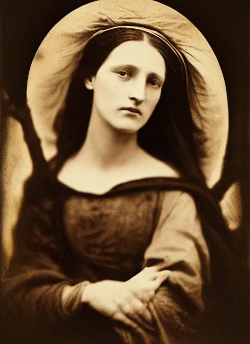 Image similar to portrait of young woman in renaissance dress and renaissance headdress, art by julia margaret cameron