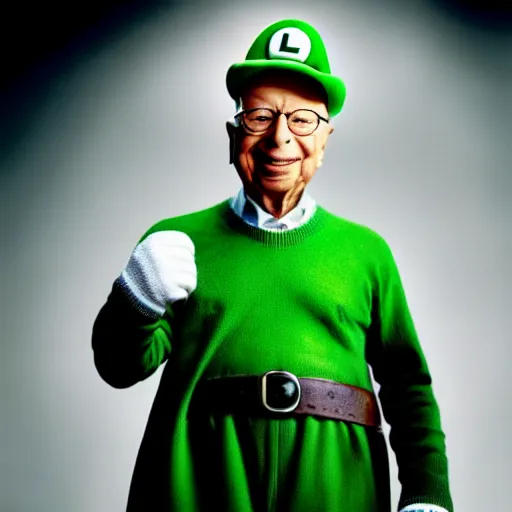 Image similar to uhd candid photo of hyperdetailed klaus schwab dressed as luigi. correct face, cinematic lighting, photo by annie leibowitz, and steve mccurry.