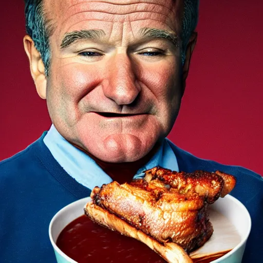 Prompt: robin williams sinking into a pit of bbq sauce, reaching towards the camera, childrens book illustration