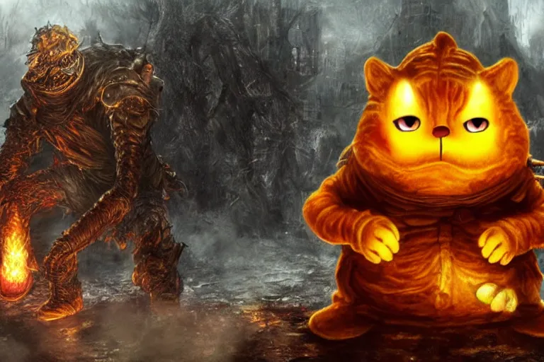 Prompt: Garfield, the final Dark Souls boss