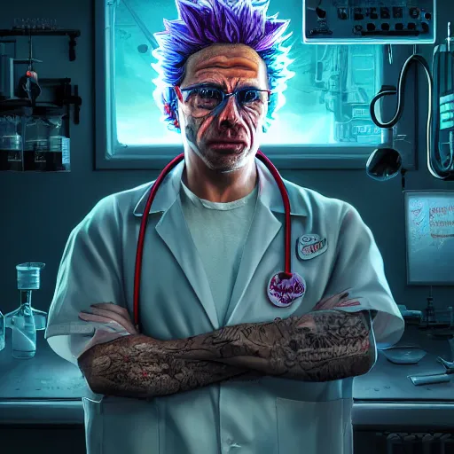 Prompt: portrait of rick sanchez, lab coat and tee shirt, atmosphere, glow, detailed, intricate, full of colour, cinematic lighting, trending on artstation, 4 k, hyperrealistic, focused, extreme details, unreal engine 5, cinematic, masterpiece