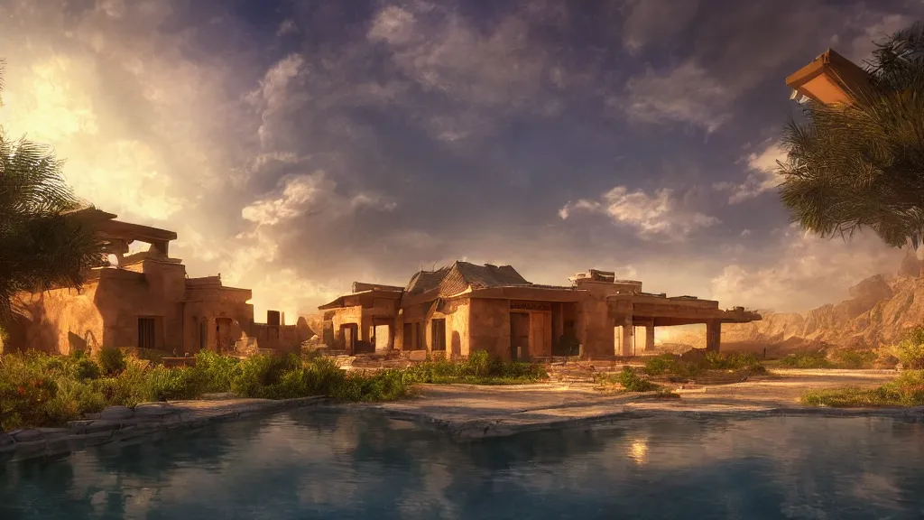 Prompt: desert villa with square swimming pool, game of thrones, volumetric lighting, fantasy artwork, very beautiful scenery, very realistic painting effect, hd, hdr, cinematic 4 k wallpaper, 8 k, ultra detailed, high resolution, artstation