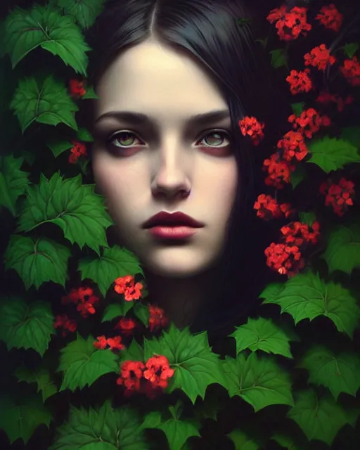 Image similar to stylized dark gloomy mysterious portrait of an artistic pose, composition, young lady sorrounded by nature, cinematic moody colors, ivy, flowers, one single head, realistic shaded, fine details, realistic shaded lighting poster by ilya kuvshinov, magali villeneuve, artgerm, jeremy lipkin and michael garmash and rob rey