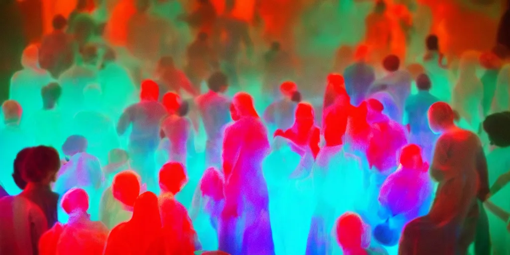 Image similar to love, groups of people in glowing thermal colors, from behind, rebirth, wide angle, cinematic atmosphere, elaborate, highly detailed, thermal heat colors, dramatic lighting