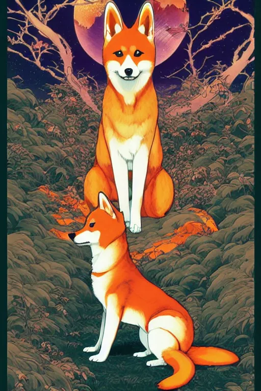 Prompt: poster of a shiba inu as a giant fox spirit, studio ghibli aesthetic, by yoichi hatakenaka, masamune shirow, josan gonzales and dan mumford, ayami kojima, takato yamamoto, barclay shaw, karol bak, yukito kishiro