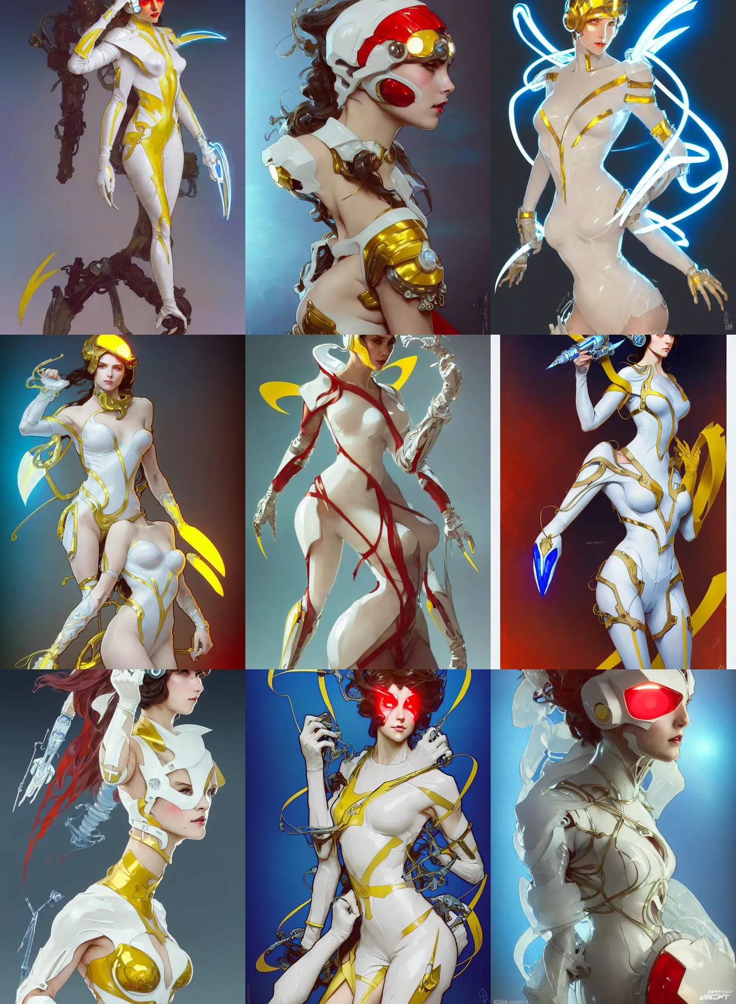 Image similar to a character design by artgerm, greg rutkowski and alphonse mucha. sci - fi dagger. laser white and yellow tape and red translucent plastic tape project show attctive showgirl!! sci - fi helmet electric blue eyes!! sharp edges. contour light effect!! ultra detailed, elegant, intricate, octane render.