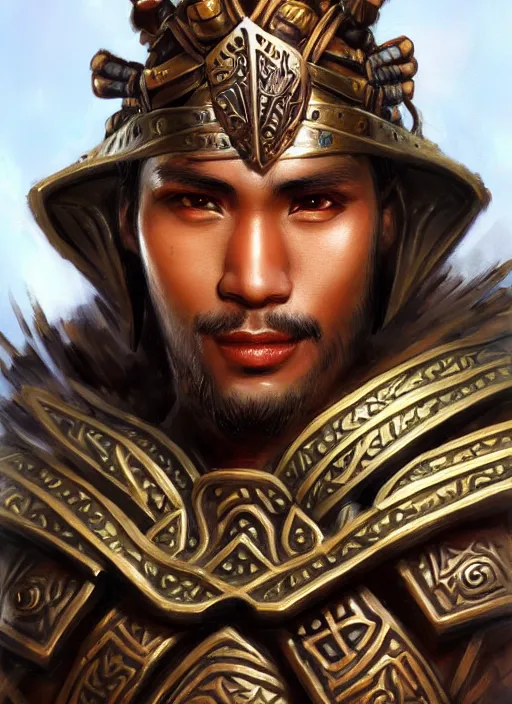 Image similar to smart tai warlord, closeup portrait, historical, ethnic group, traditional tai costume, bronze headset, fantasy, intricate, with leather armor cross onbare chest, elegant, loin cloth, highly detailed, oill painting, artstation, concept art, matte, sharp focus, illustration, hearthstone, art by earl norem