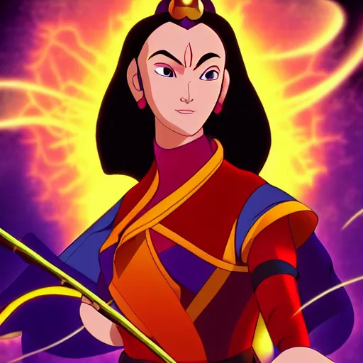 Image similar to poster of Princess Azula in the style of JM Animation, blue fires burning in the background, highly detailed, golden ratio, cinematic lighting