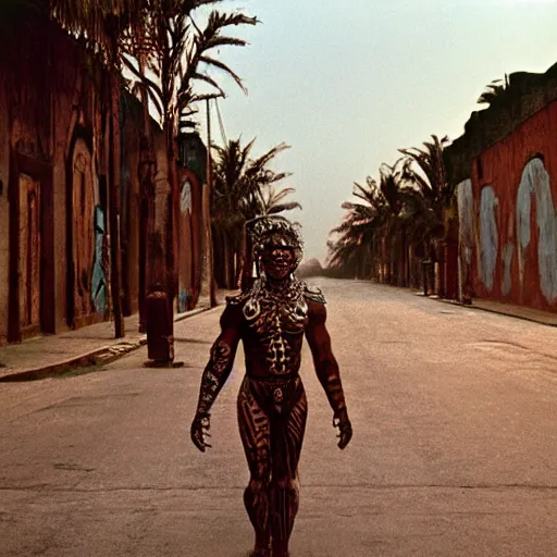 Image similar to empty street, mayan jaguar warrior, portrait, at dawn, by nan goldin, cinematography by quetzalcoatl