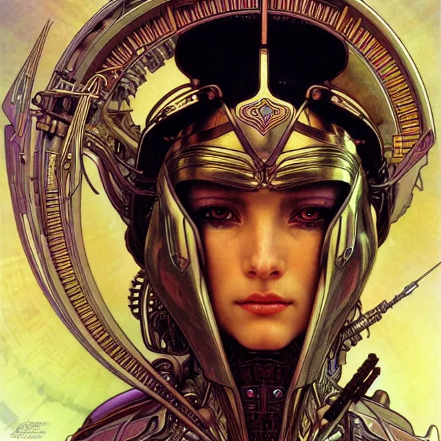 Prompt: realistic detailed face portrait of a beautiful futuristic egyptian warrior queen in alien cyberpunk armor by alphonse mucha, ayami kojima, amano, greg hildebrandt, and mark brooks, female, feminine, art nouveau, cyberpunk, stargate, neo - gothic, gothic, character concept design
