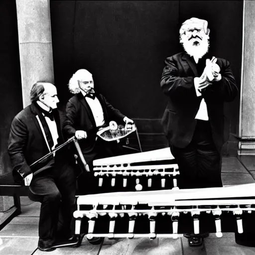 Prompt: karl marx fighting donald trump on marimbas. black and white high contrast