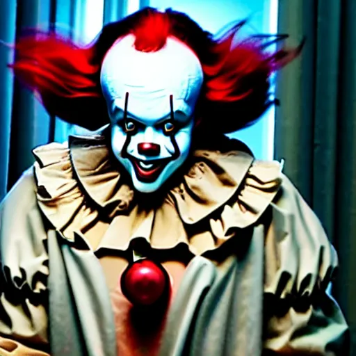 Image similar to a photograph of pennywise dressed as a doctor in a hospital, with a lab coat, with a stethoscope, hyperdetailed, intricate, dramatic, horror movie, movie still, 4 k realistic, volumetric lighting, sharp focus