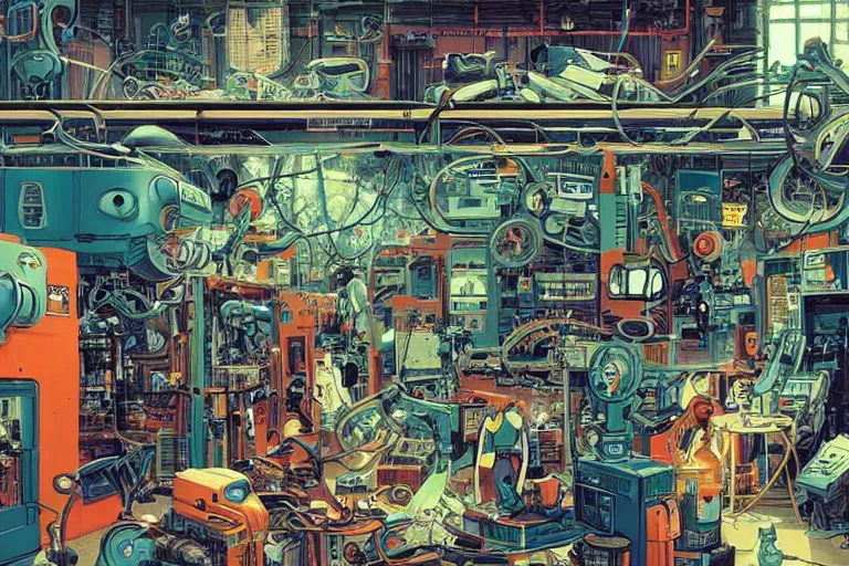 Prompt: an extremely cluttered machine repair shop in 2067, art by Josan Gonzales and Dan Hillier