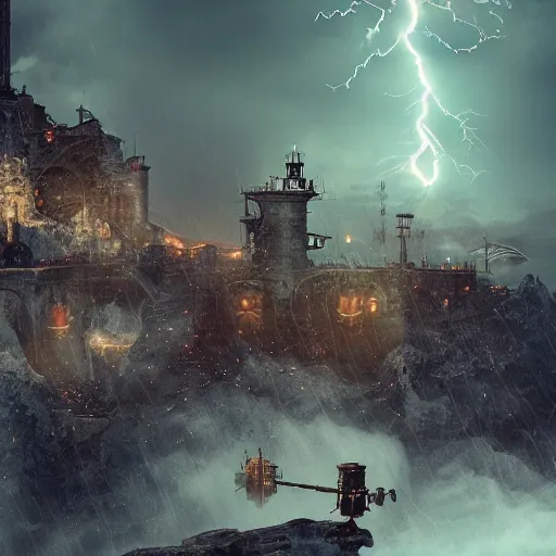 Image similar to a flying steampunk fortress, intricate, behrens style, octane render, fantasy digital art, beautiful composition, trending on artstation, night, meteors, lightning!!!, lightning, lightning, dramatic lighting, blood snow, eldritch