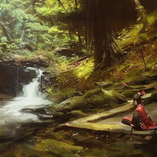 Prompt: Samurai resting in front of a waterfall inside a forest, oil painting, by Greg Rutkowski