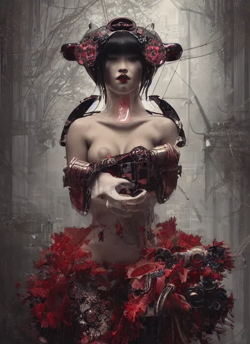 Image similar to portrait of a seductive cyberpunk latex geisha, modern fine art, fractal, in the style of ghosts in the machine, intricate ornaments, elegant, highly detailed, digital photography, subsurface scattering, by greg rutkowski,