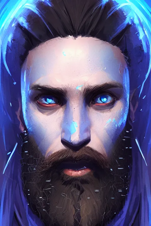 Image similar to portrait of a blue genasi with a square jaw from d & d by greg rutkowski, dreadlocks and small beard, runic rings, d & d character, blue, black background, highly detailed portrait, digital painting, artstation, concept art, smooth, sharp foccus ilustration, artstation hq