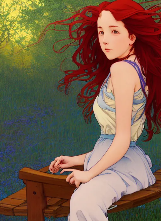 Image similar to pretty young woman with long red hair sitting on a park bench under bright moonlight, path traced, highly detailed, high quality, digital painting, by studio ghibli and alphonse mucha, leesha hannigan, makoto shinkai, disney