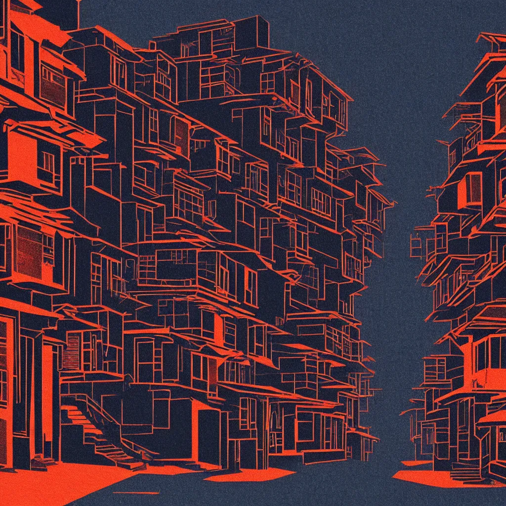 Image similar to old japanese street by, mads berg, karolis strautniekas, film noir, stippled light, dramatic lighting, editorial illustration, detailed, fine texture, matte print, art deco, brutalism, dark blue + dark orange, red, black, ( ( habitat 6 7 background ) )