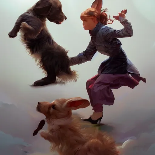 Prompt: puppies fighting bunnies, contrast, deep focus, turnaround, highly detailed, dramatic lighting, digital painting, artstation, concept art, matte, sharp focus, illustration, elegant, art by artgerm and greg f and alphonse mucha.