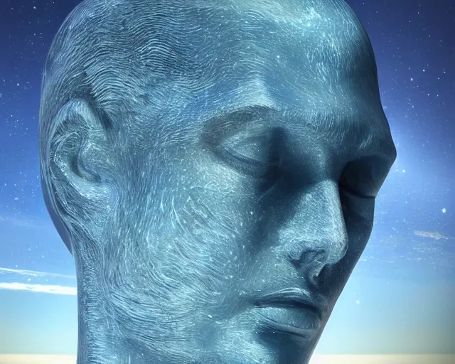 Prompt: a giant sculpture on the surface of the ocean of a human head in space, hyper - realistic, very detailed, realistic water, ray tracing, 8 k resolution, long - shot, sharp focus, low angle, 8 5 mm photograph, wide lens