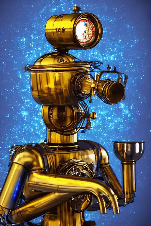 Image similar to portrait photo of a giant golden and blue metal steampunk kitchen robot cook chef with gears and tubes, eyes are green lights, shiny crisp finish, 3 d render, 8 k, insaneley detailed, fluorescent colors, background is multicolored lasershow