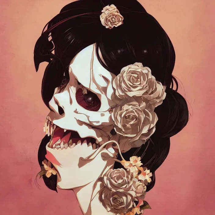 Image similar to anime skull portrait woman, balloons, mucha, hard shadows and strong rim light, art by jc leyendecker and atey ghailan and sachin teng