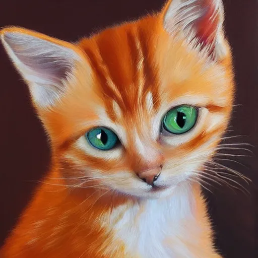 Prompt: knife palette oil painting of orange tabby kitten with golden eyes