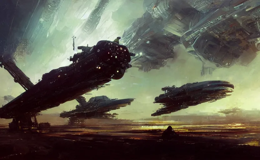 Prompt: a dieselpunk spaceship emerges over the horizon of an bladerunner alien planet, artwork by darek zabrocki, john howe, john berkey, dramatic lighting, brushstrokes, artwork on canvas.
