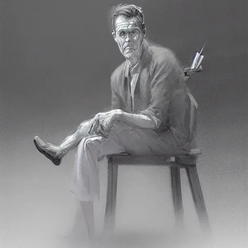 Image similar to a highly detailed epic cinematic concept art CG render digital painting artwork costume design: Henry Fonda as a 1950s tired disillusioned poet, barefoot, holding a cigarette. volumetric lighting. By Greg Rutkowski, in the style of Francis Bacon and Syd Mead and Norman Rockwell and Beksinski, open ceiling, highly detailed, painted by Francis Bacon and Edward Hopper, painted by James Gilleard, surrealism, airbrush, Ilya Kuvshinov, WLOP, Stanley Artgerm, very coherent, triadic color scheme, realistic facial expression, art by Takato Yamamoto and James Jean