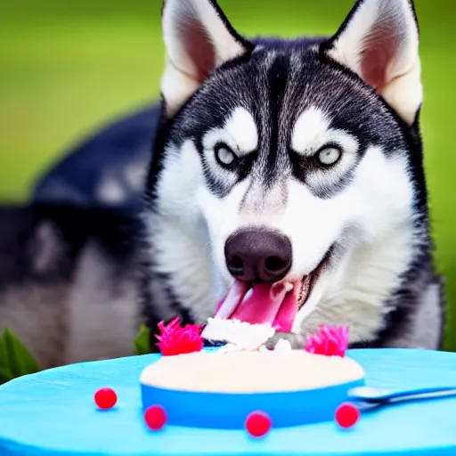 Image similar to a high - quality photo of a husky eating a birthday cake, f 3. 5, sharpened, iso 2 0 0