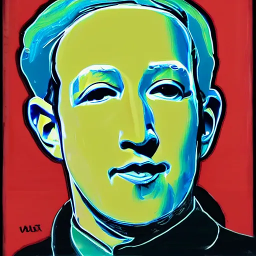 Prompt: painting of Zuckerberg in style of Warhol's Mao, soup can