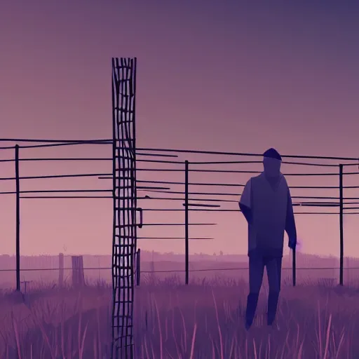 Image similar to a high wire fence looming over a man, low poly, dystopian art, 2 d game art