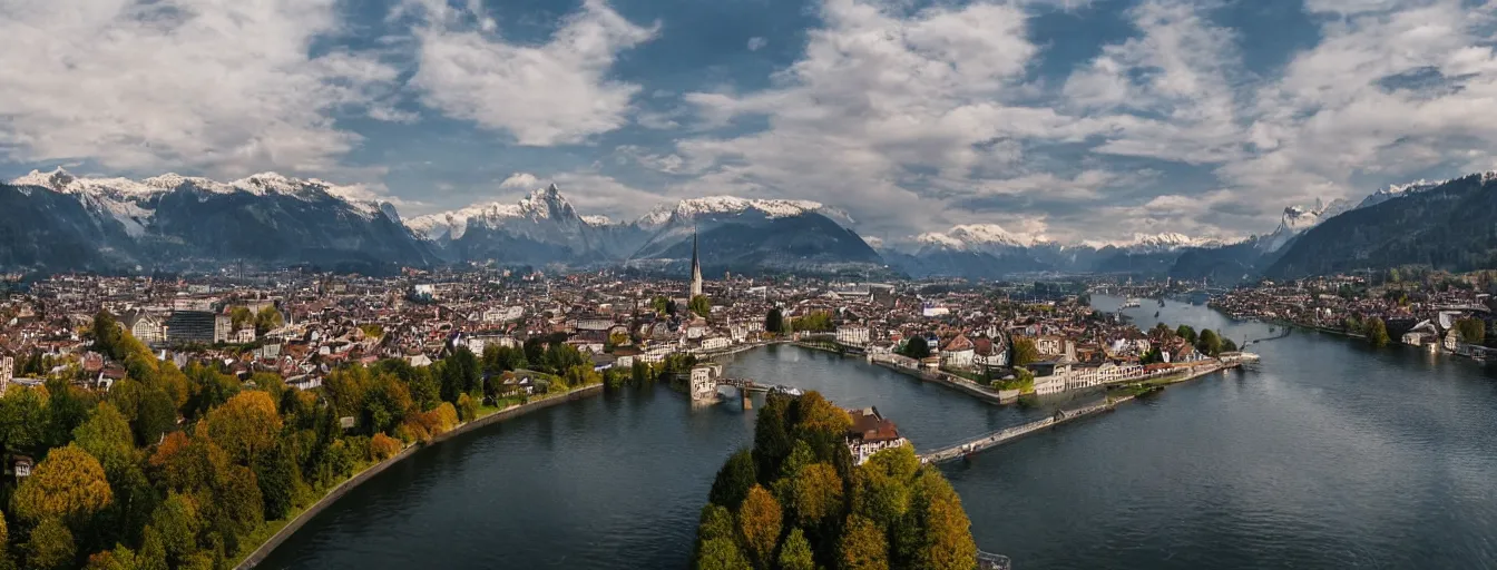 Image similar to Photo of Zurich, looking down the river at the lake and the alps, Hardturm, Grossmünster, wide angle, volumetric light, hyperdetailed, mountain water, artstation, cgsociety, 8k