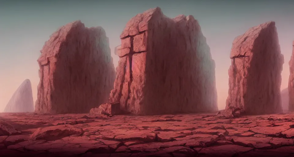 Prompt: ruins of a monolithic religious building on mars for the cult of the xeno prophet, vivid colors, matte painting, 8K, concept art, mystical color scheme, trending on artstation