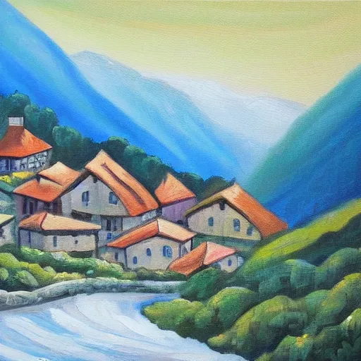 Image similar to A beautiful painting of a village in the mountains, artwork