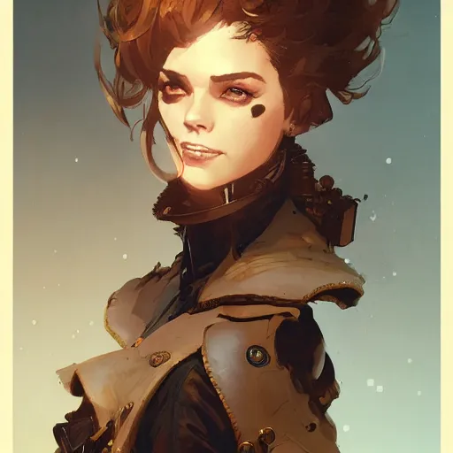 Image similar to portrait of a beautiful steampunk girl with short brown hair, men's haircut, and smiling, dramatic lighting, illustration by greg rutkowski, yoji shinkawa, 4 k, digital art, concept art, trending on artstation