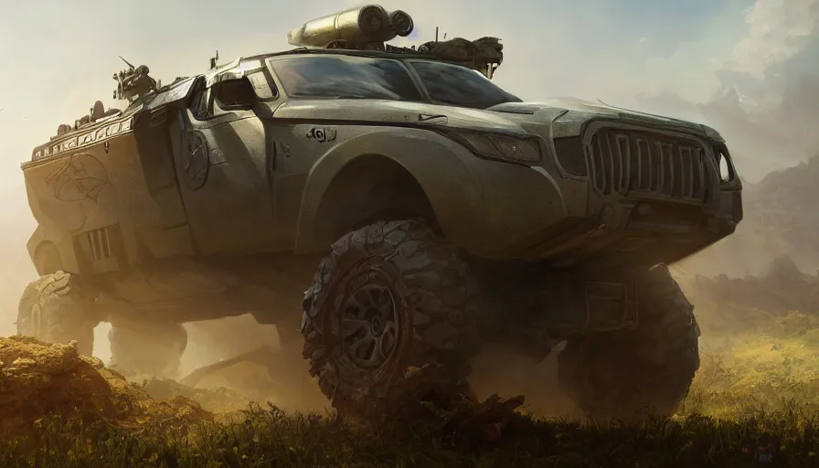 Image similar to a militarised suv designed by apple driving through african savanna, artgerm and greg rutkowski and alphonse mucha, an epic fantasy, volumetric light, detailed, establishing shot, an epic fantasy, trending on art station, octane render, midsommar