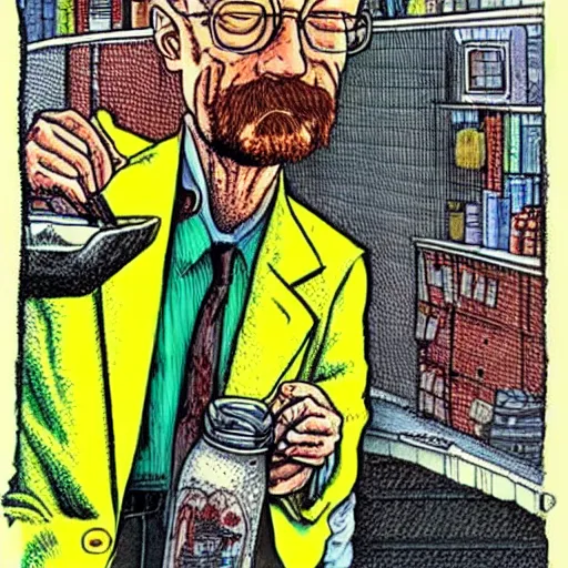 Image similar to The Artwork of R. Crumb and his Cheap Suit Breaking-Bad-Walter-White, pencil and colored marker artwork, trailer-trash lifestyle