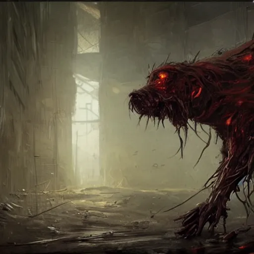 Image similar to concept art by greg rutkowski, dog - shaped monster made of twisted meat and reddish ooze, roaming the colony, looking rabid, in a claustrophobic, futuristic and brutalist environment, frightening and creepy atmosphere, scifi, highly detailed portrait, digital painting, artstation, concept art, smooth, sharp foccus ilustration, artstation hq