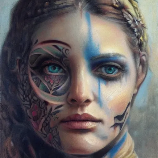 Prompt: photorealistic painting of a female tattooed face with a scarf, gangster, realistic eyes, symmetric face, beautiful bone structure, dark blonde long hair, painting by gaston bussiere