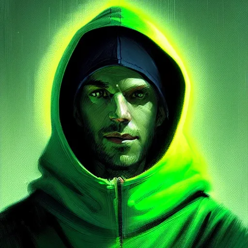 Image similar to portrait of a programmer with green hood by greg rutkowski, neon light